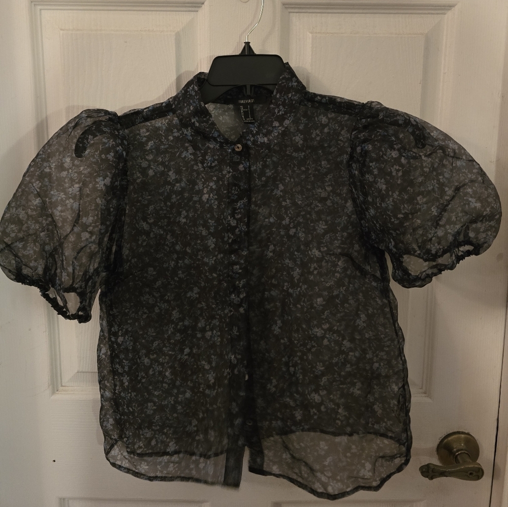 Forever 21 Black and Blue Sheer Floral Top
